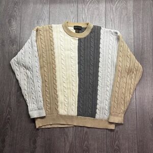Vintage Izod Club Lacoste Cable Knit Sweater Medium 1990s Brown Grey Golf